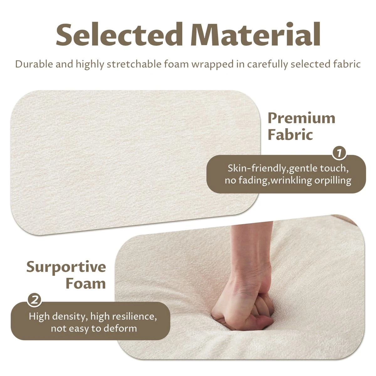 Material infographic showing cream fabric texture and foam seat pressed by a hand
