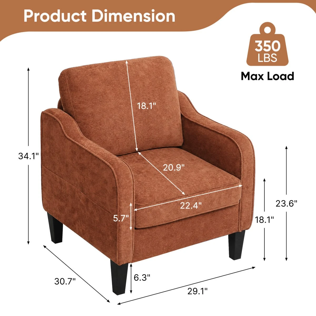 Dimension infographic showing chair measurements and 350 lbs maximum load capacity