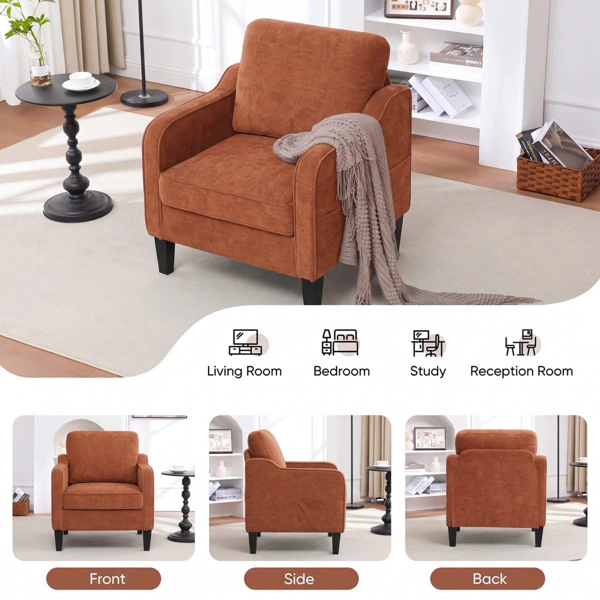 Lifestyle collage showing the chair in a room with front, side, and back view insets