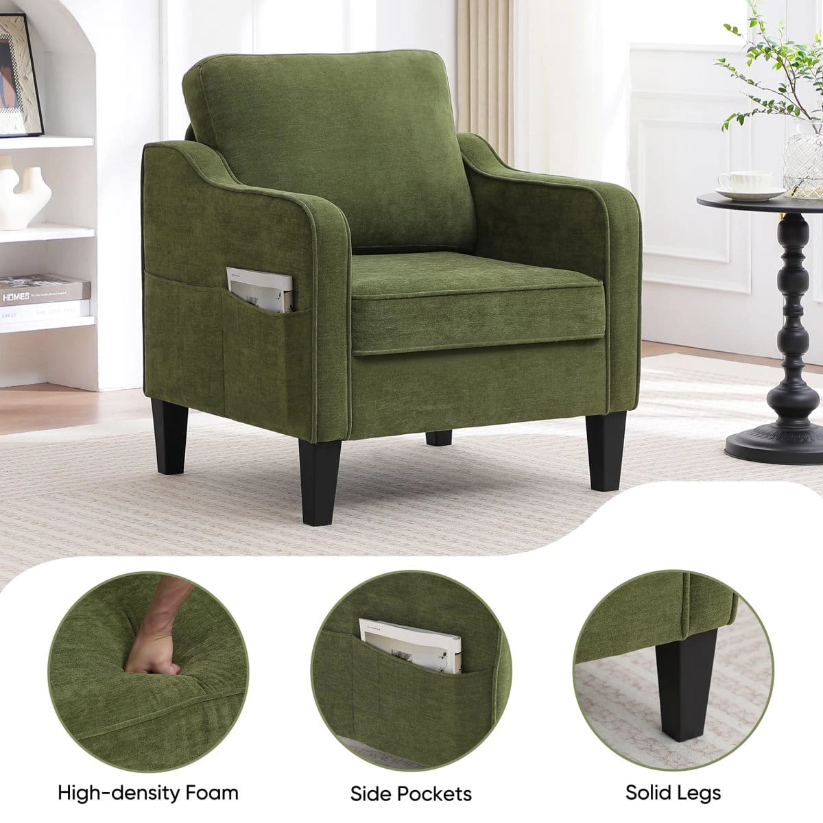 Accent chair shown with feature callouts for high-density foam, side pockets, and solid black legs