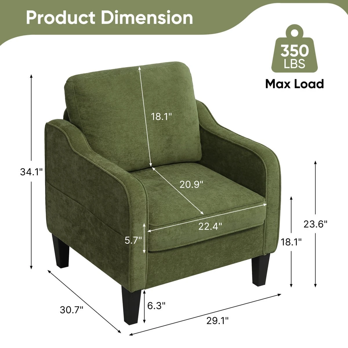 Dimension chart for the olive green armchair showing overall size and 350 lb max load