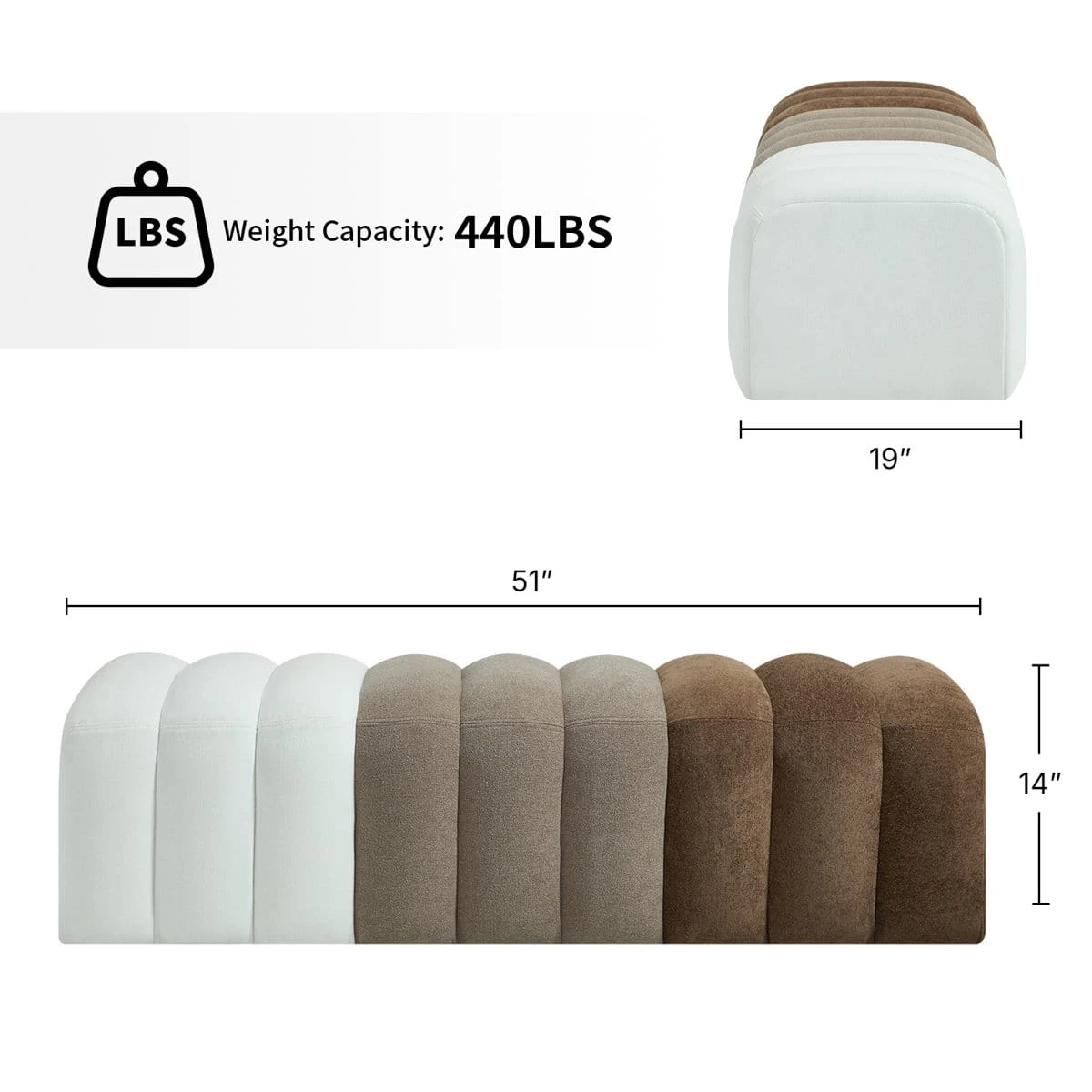Dimension graphic showing the bench width 51 in, depth 19 in, height 14 in and 440 lb capacity
