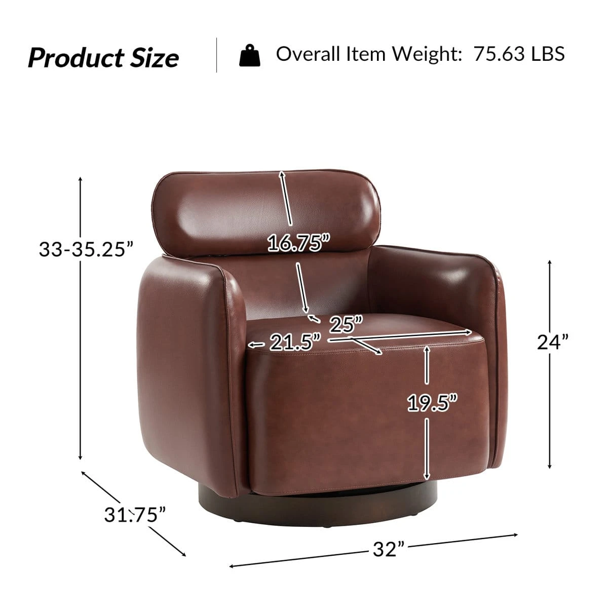 Brown leather armchair with labeled dimensions and total weight infographic on a white background