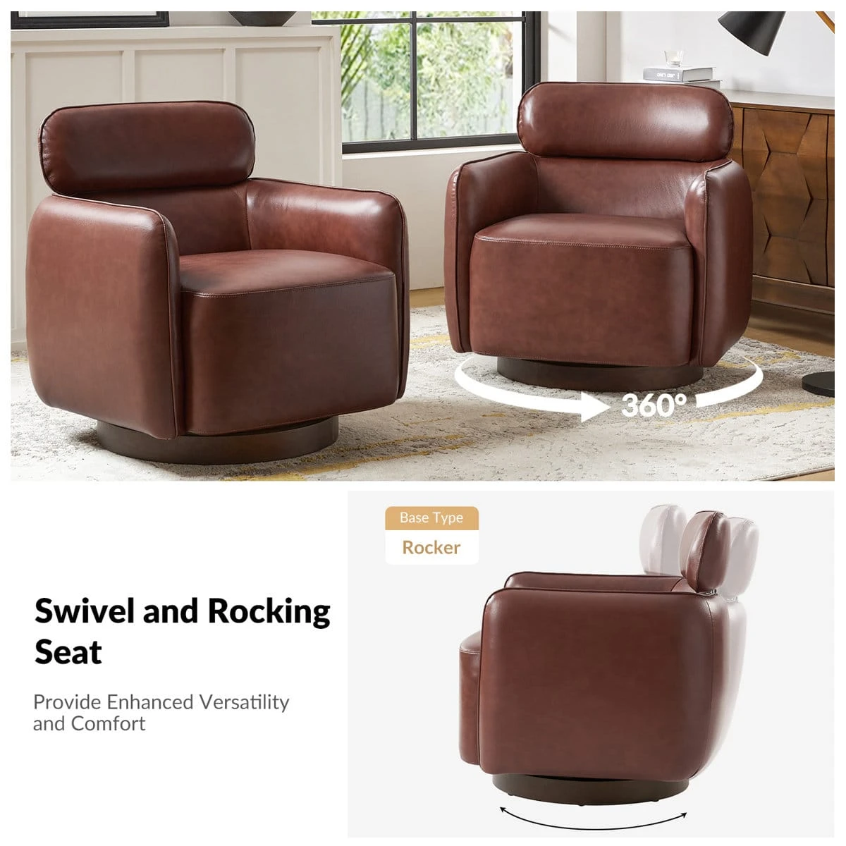Swivel rocker chair shown from front and rear with 360-degree rotation feature graphic