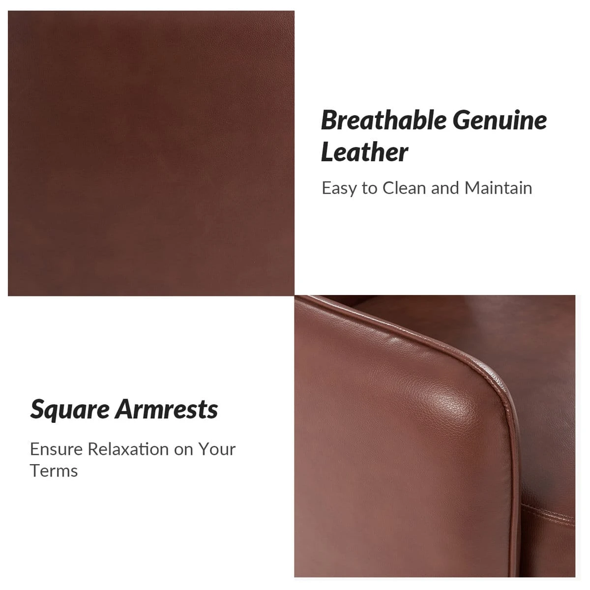 Close-up panels showing brown genuine leather texture and the chair's square armrest detail
