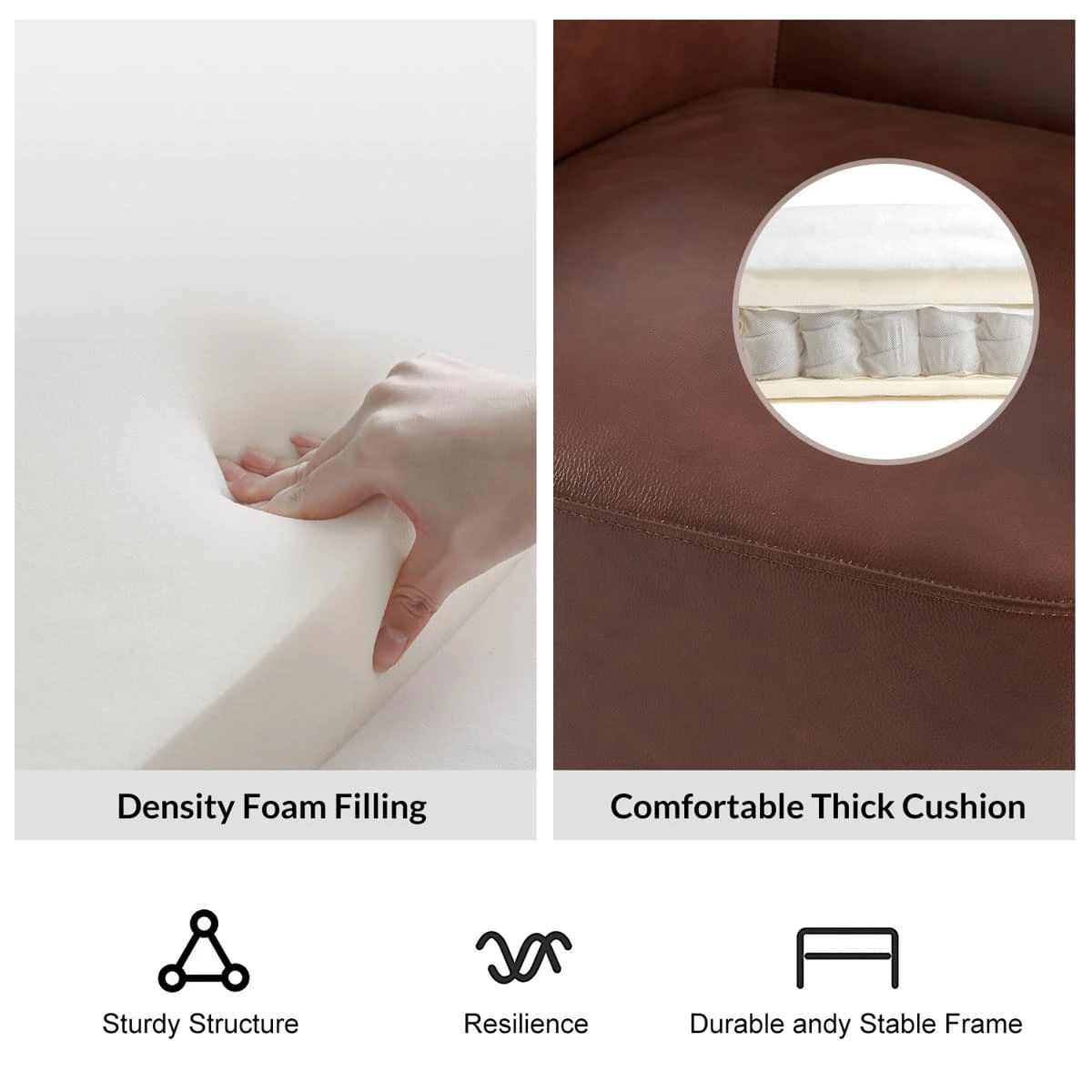 Infographic showing foam filling, thick seat cushion, and stable frame construction details