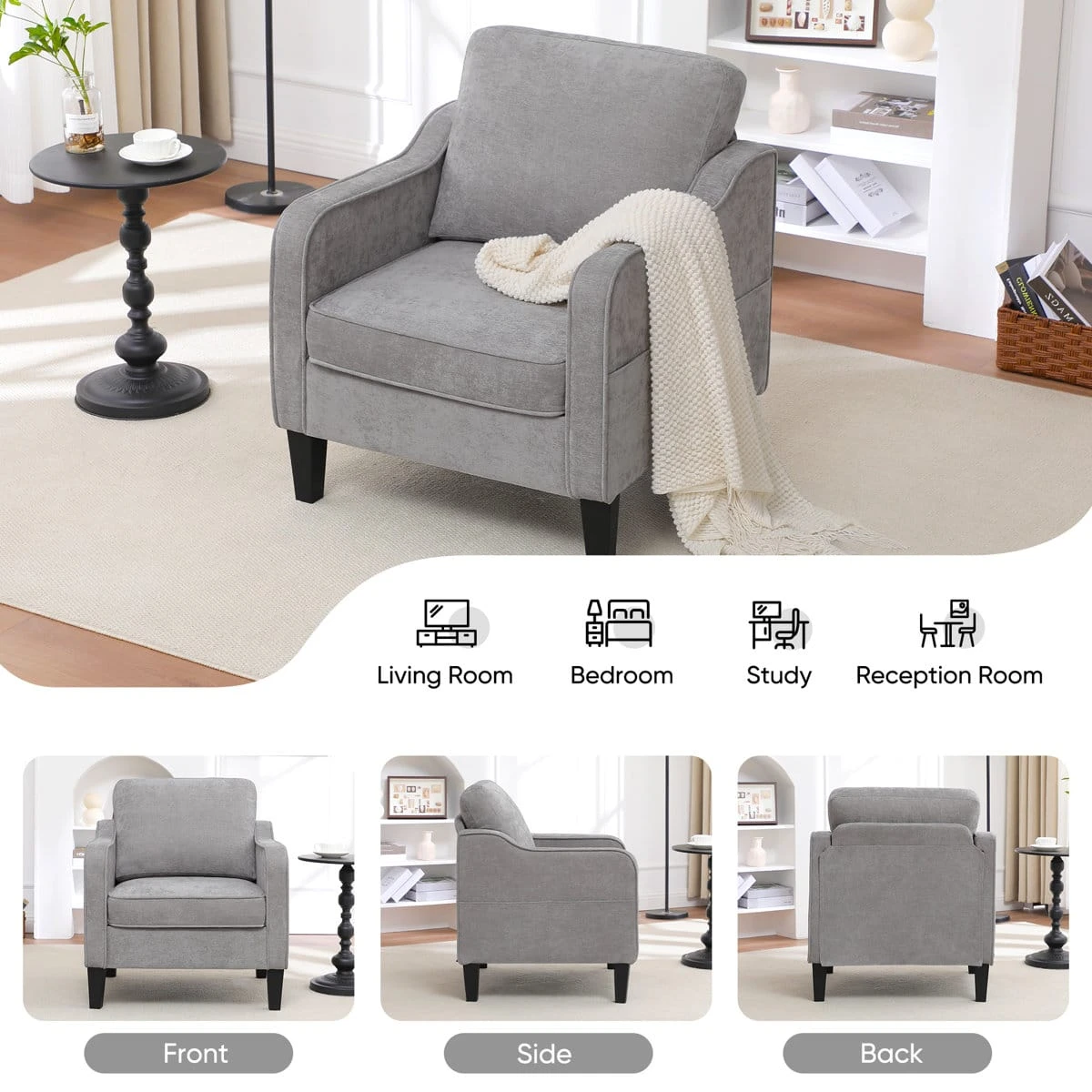 Lifestyle setup showing the chair and icons for living room, bedroom, study, and reception use