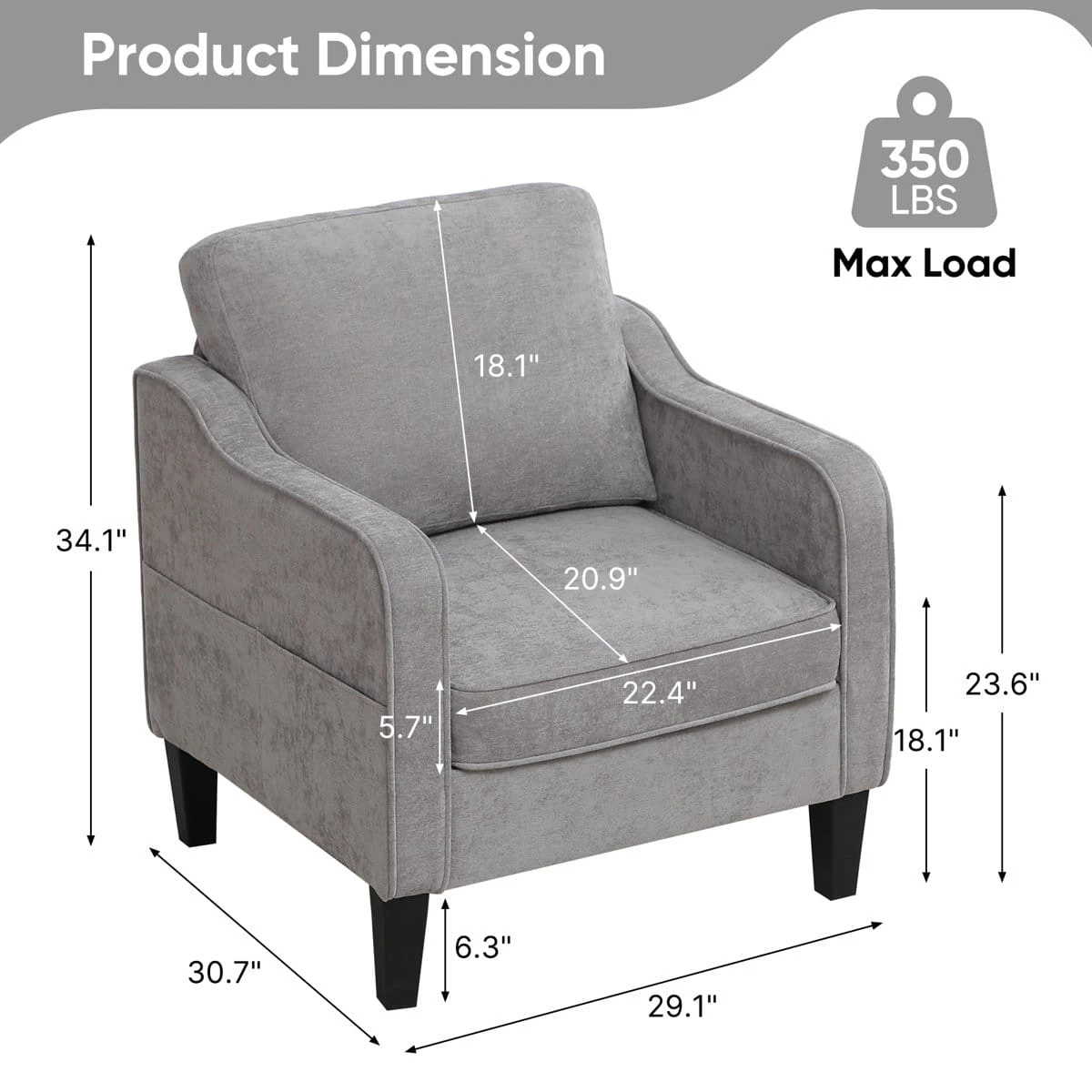 Dimension chart for the grey armchair with 350 lbs max load and seat measurements