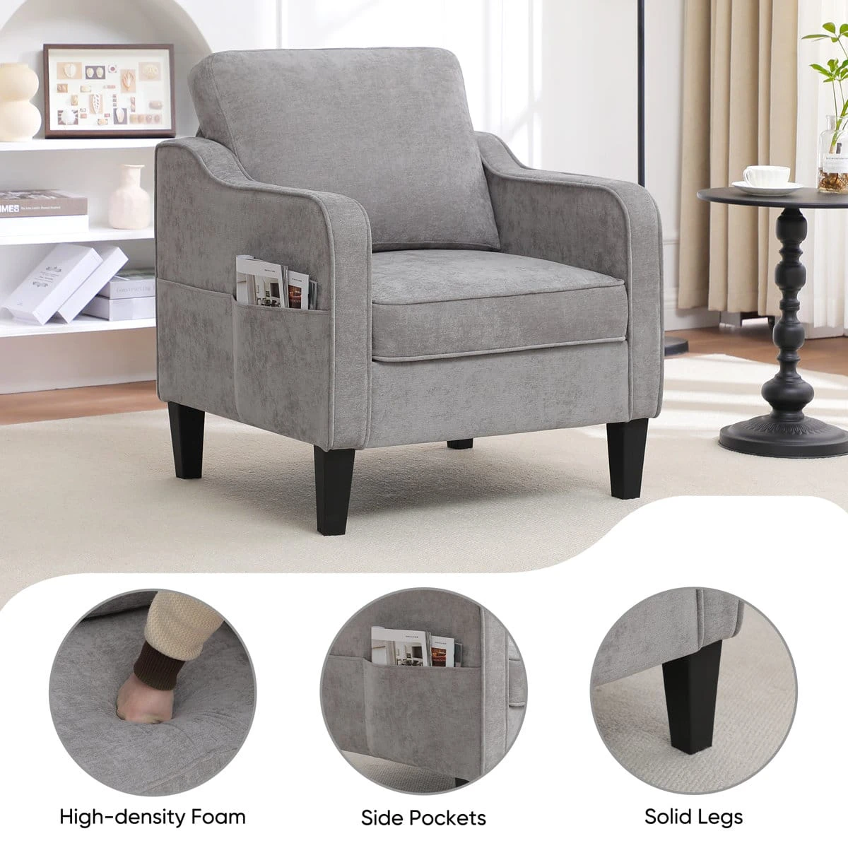 Front angled view highlighting side storage pocket, foam seat, and black solid legs