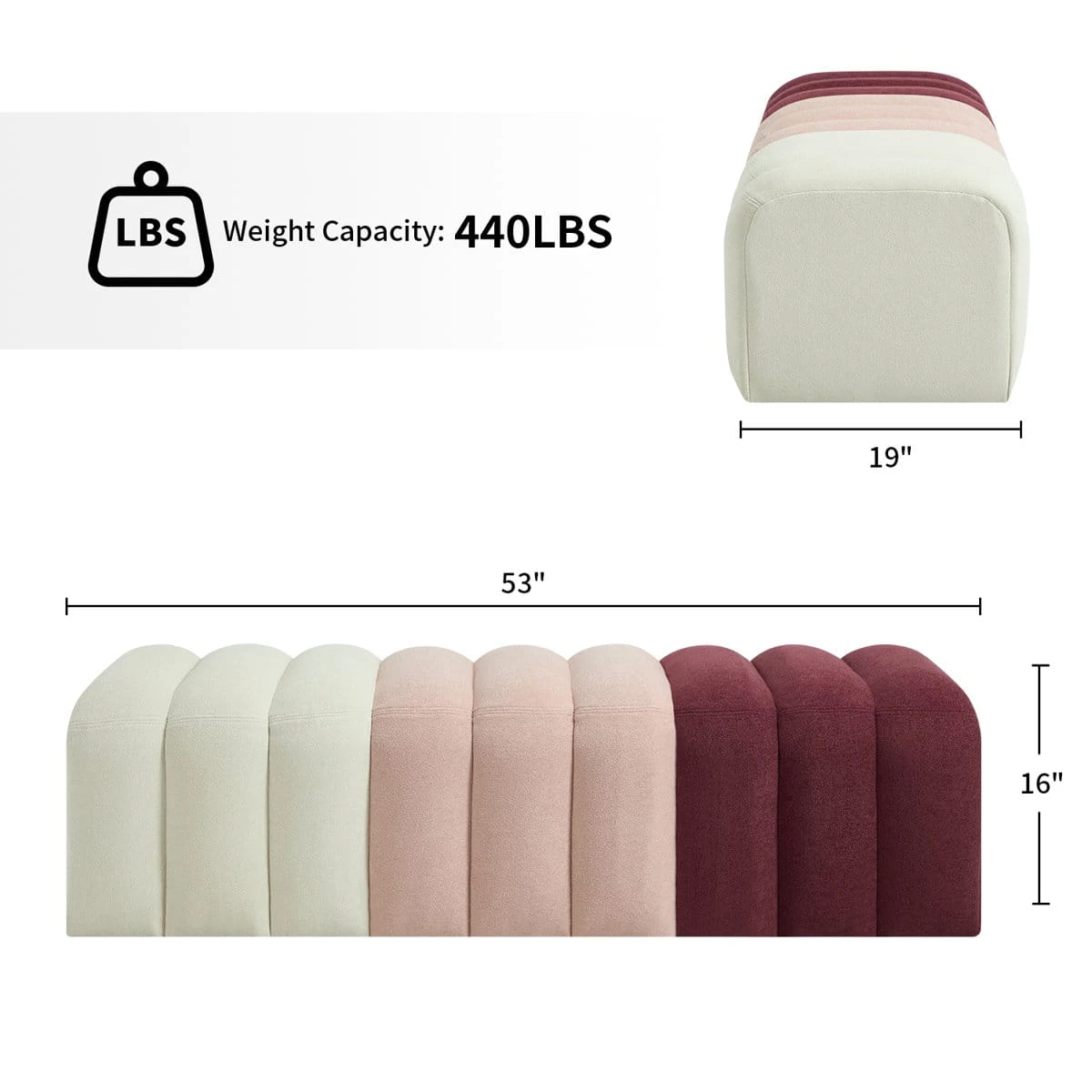 Dimension graphic showing 53 x 19 x 16 inches and 440 lb weight capacity