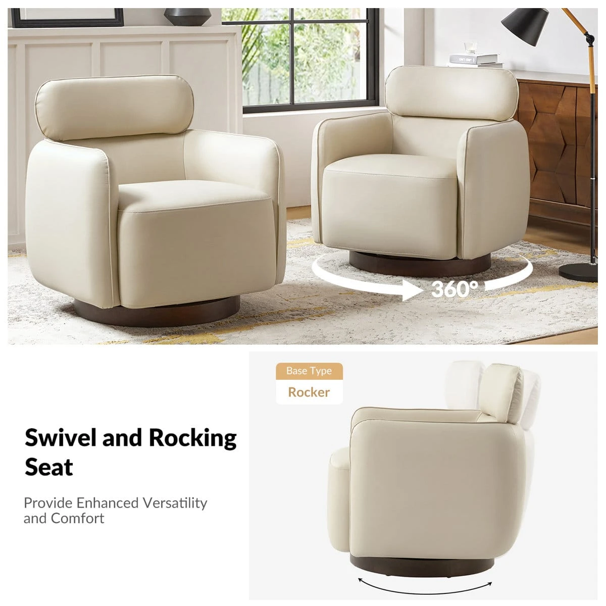 Cream accent chair shown swiveling on a round rocker base with 360° rotation graphic and side profile