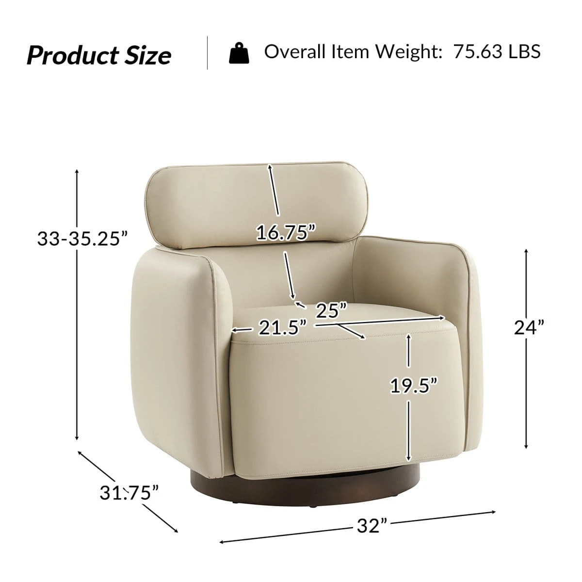 Size chart of the cream swivel rocker chair with inch measurements and 75.63 lb overall weight