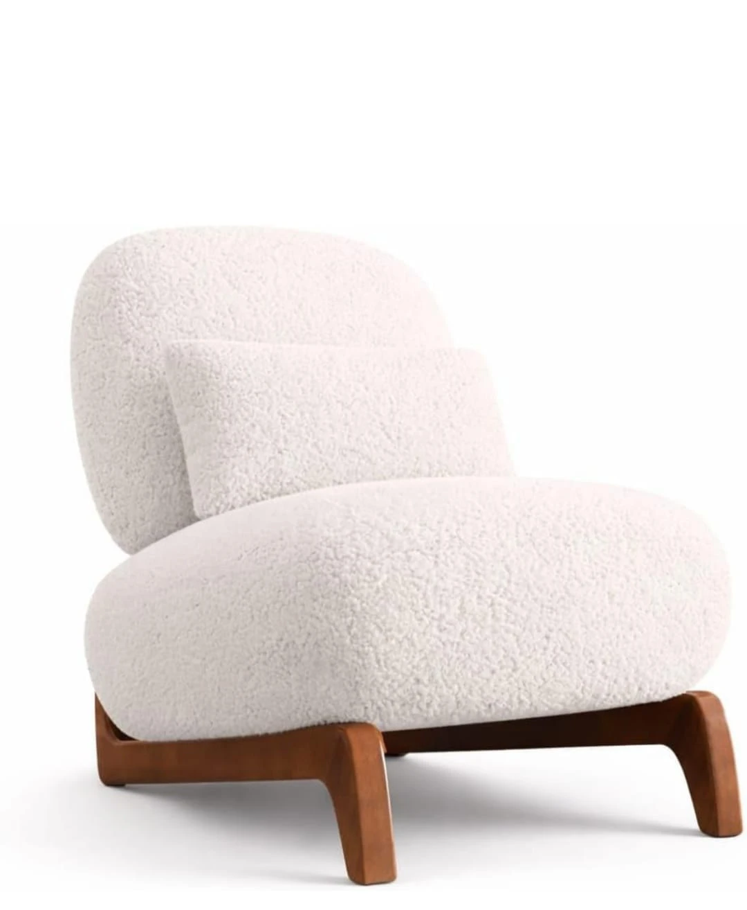 Isolated angled view of the white upholstered lounge chair showing its rounded seat and walnut-tone base