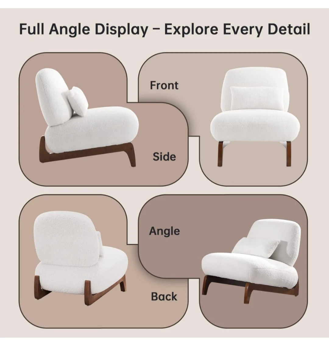 Collage showing side, front, back and angled views of the white boucle lounge chair