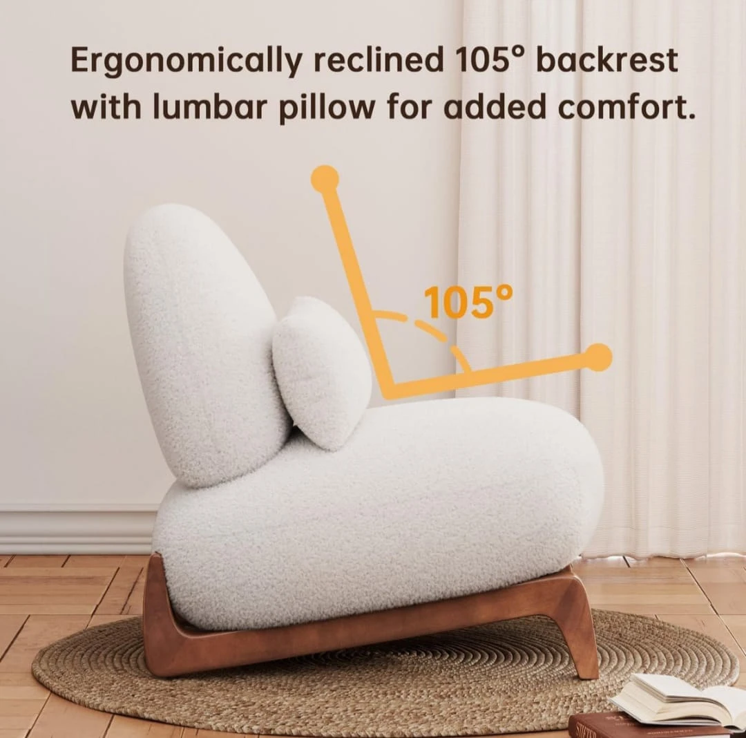 Side profile with graphic highlighting the 105° reclined backrest and matching lumbar pillow