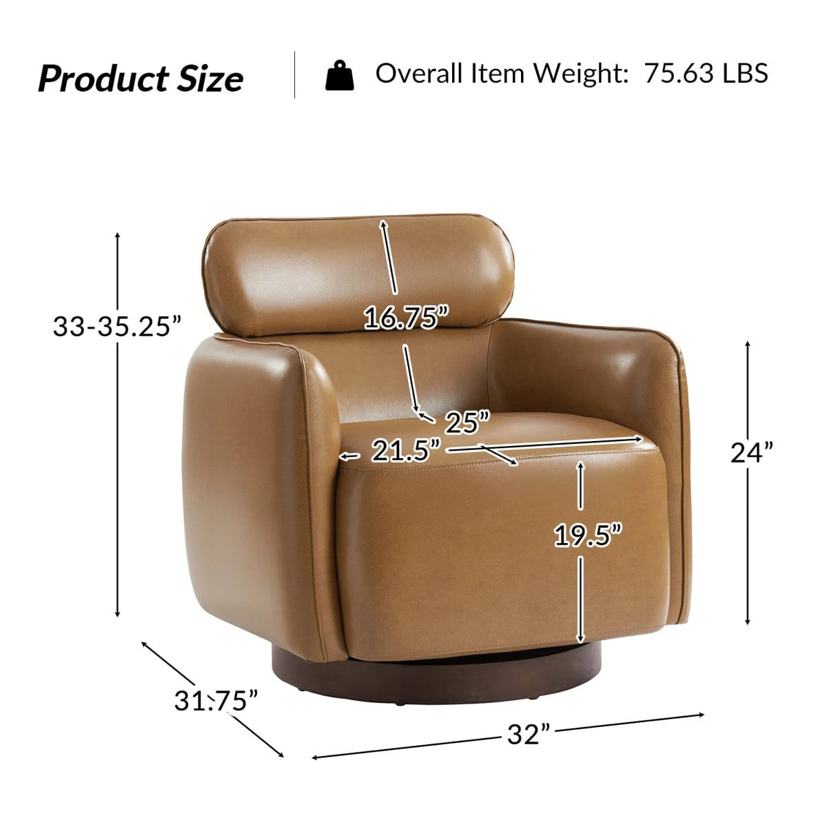 Front view with size diagram and overall weight label for the tan swivel chair