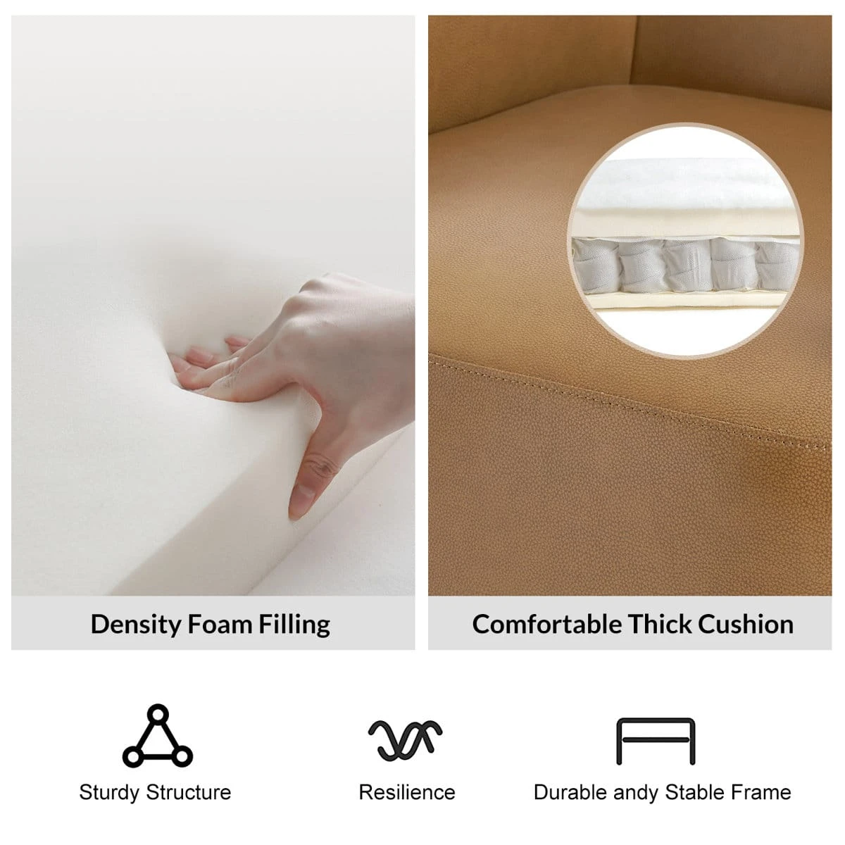 Close-up of foam cushioning and textured tan upholstery with comfort feature icons