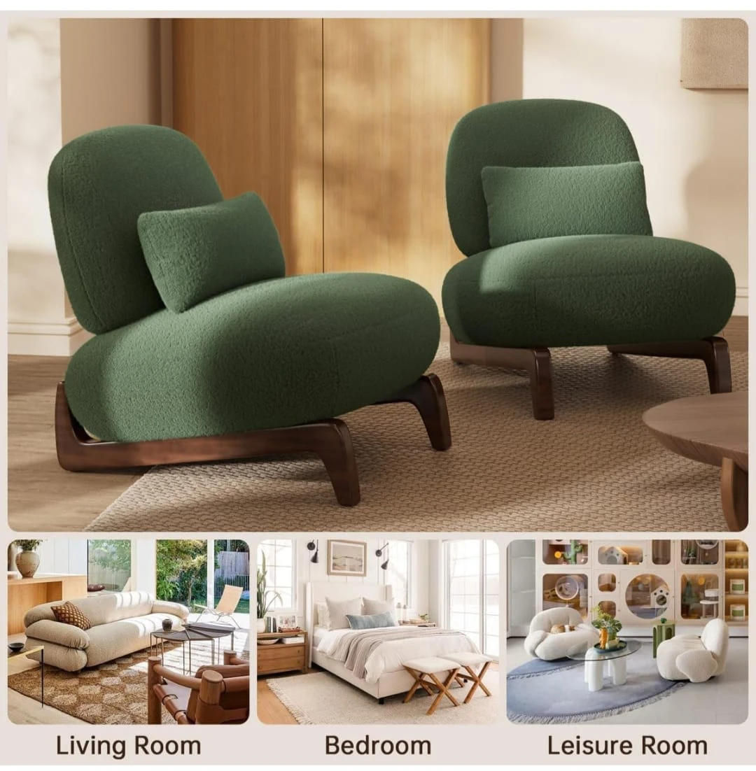 Two green accent chairs staged in a room, with lifestyle placement ideas below