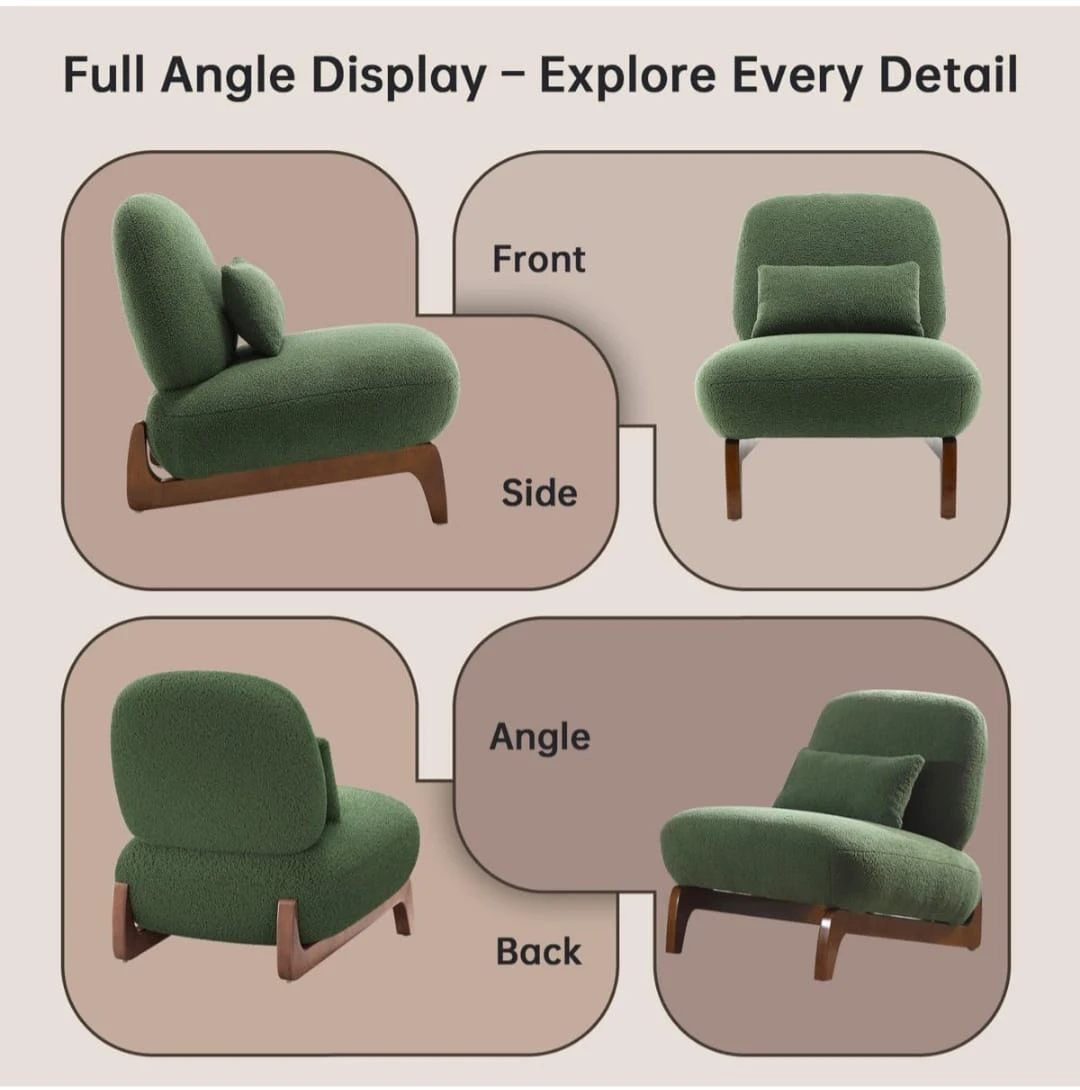 Collage showing side, front, back and angled views of the green upholstered chair