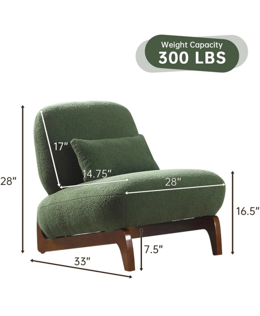 Dimension graphic of the chair showing 33 in depth, 28 in width and 300 lb capacity