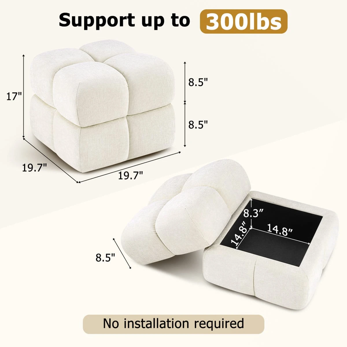 Dimension infographic showing 19.7 x 19.7 x 17 inch ottoman and hidden storage compartment