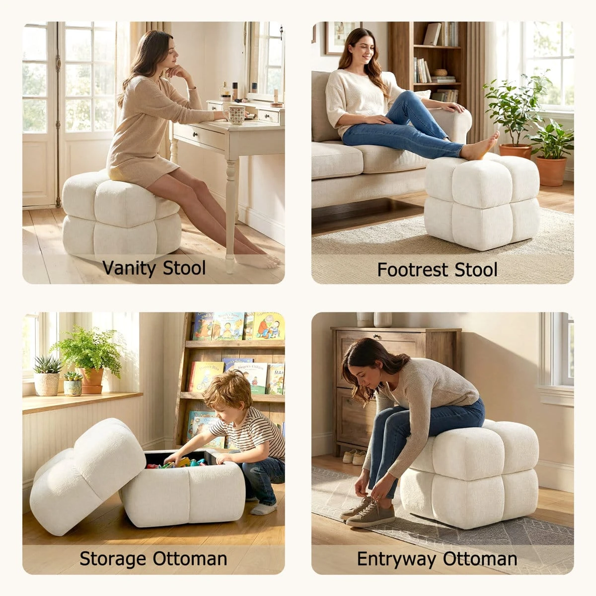 Four-panel lifestyle collage showing vanity seat, footrest, toy storage, and entryway use