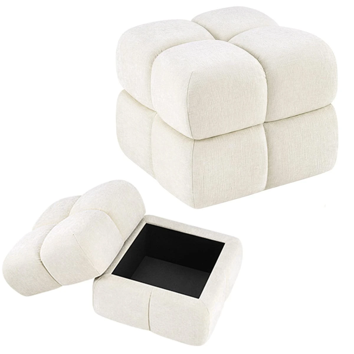 Studio view of the closed ottoman and open storage base with lid removed on white background