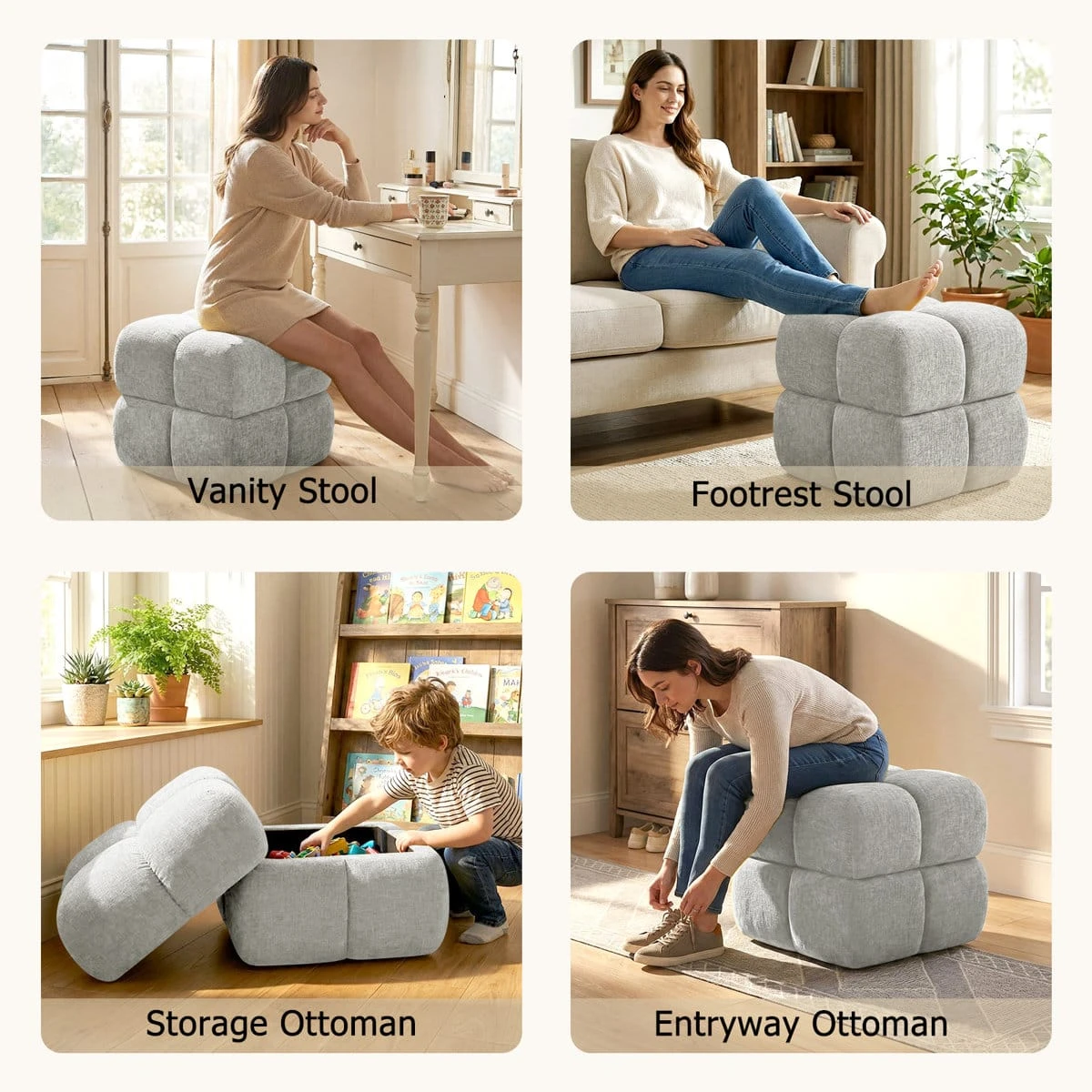 Usage collage showing the stool as vanity seat, footrest, storage ottoman, and entryway seat