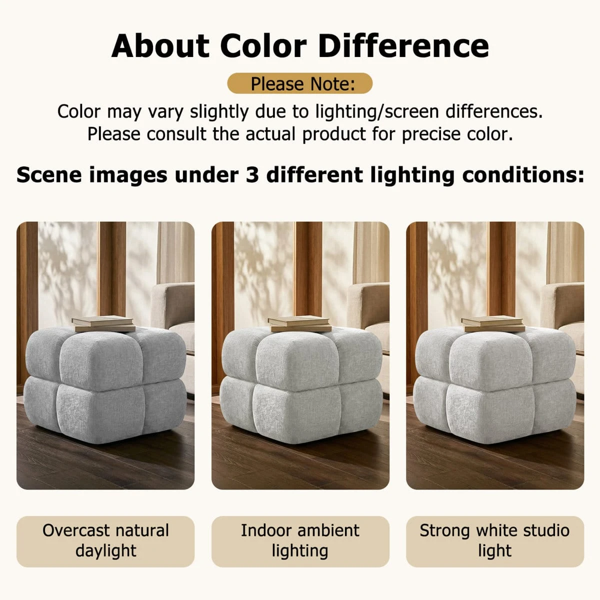 Color variation chart showing the ottoman under daylight, indoor ambient, and studio lighting
