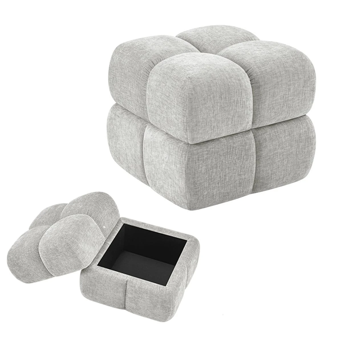 Product cutaway view showing the closed stool and the hidden storage compartment with lid removed