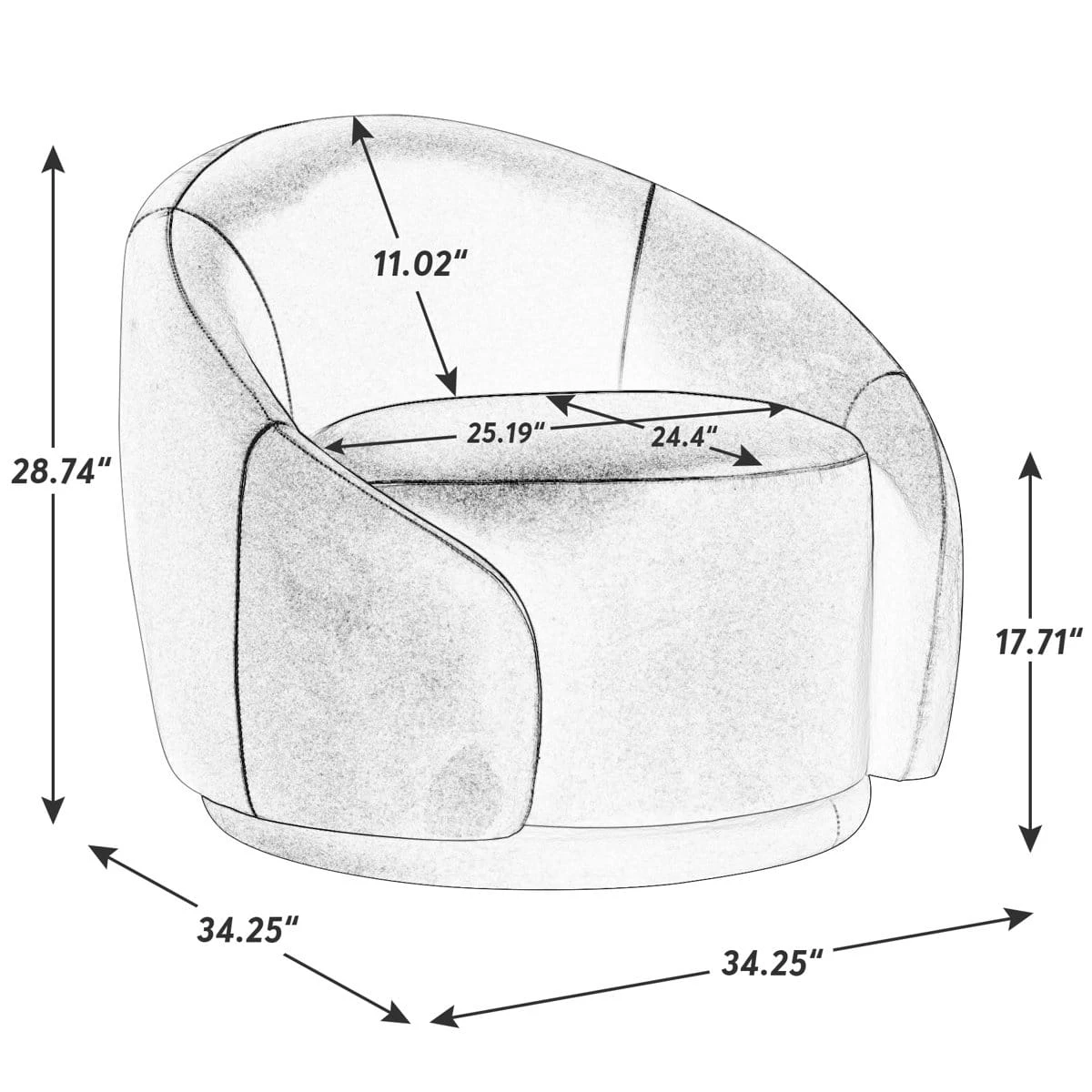 Dimension diagram of the rounded swivel chair showing overall size, seat width, depth and arm height