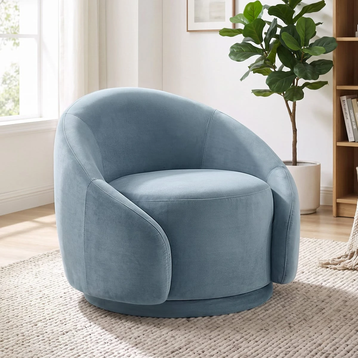 Angled front-left view showing the curved back, thick seat cushion and circular swivel base