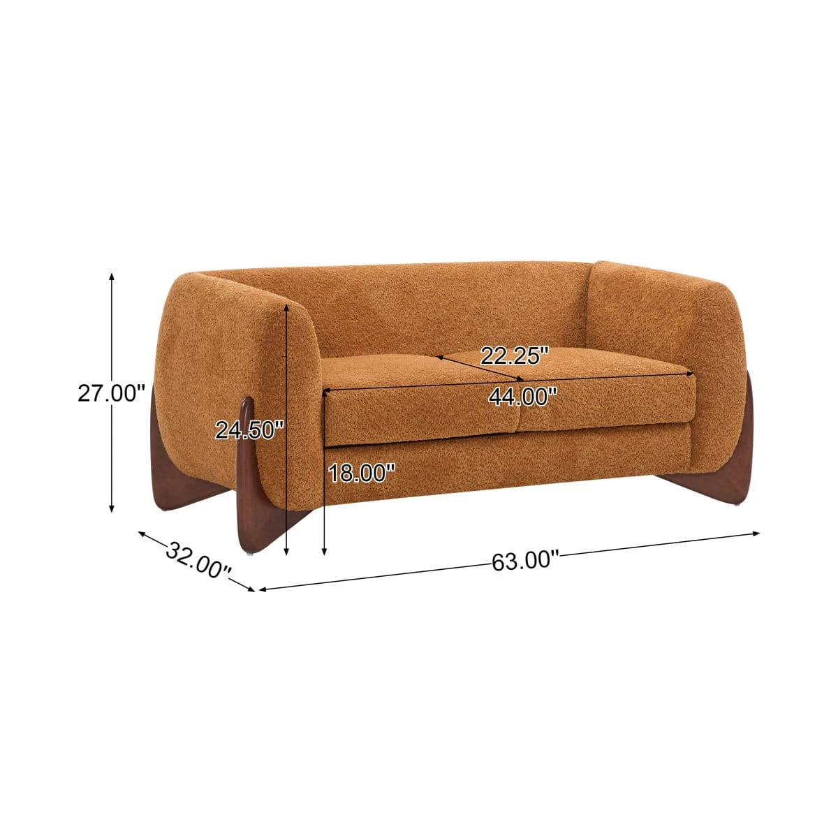 Angled view with size annotations showing 63 x 32 x 27 inch overall dimensions