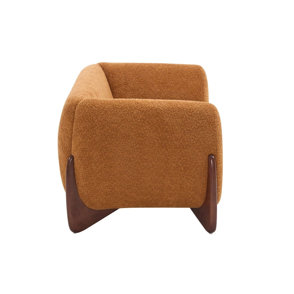 Side profile highlighting thick rounded armrest and dark wooden leg panel