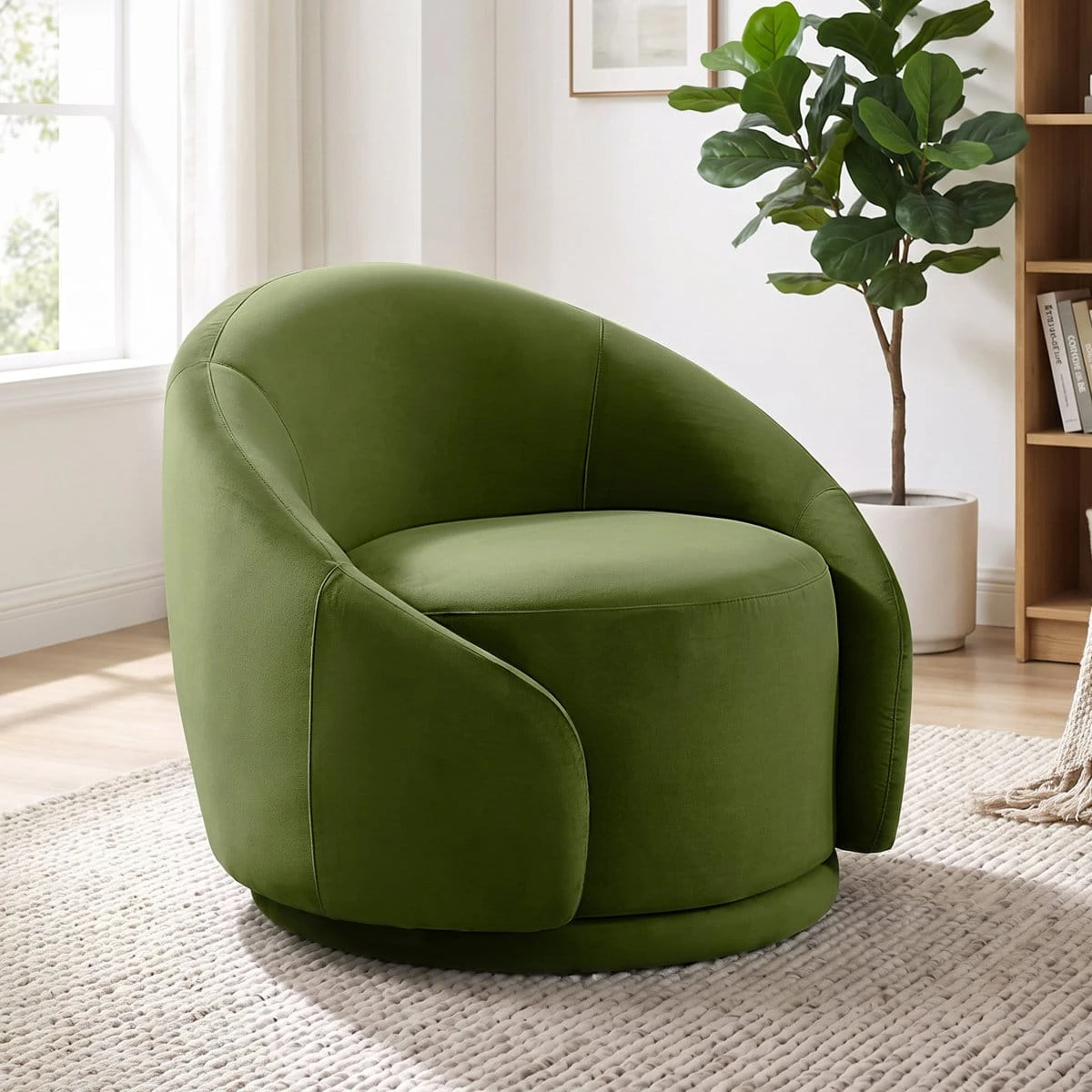 Front three-quarter view of the olive green swivel accent chair styled on a rug in a living room