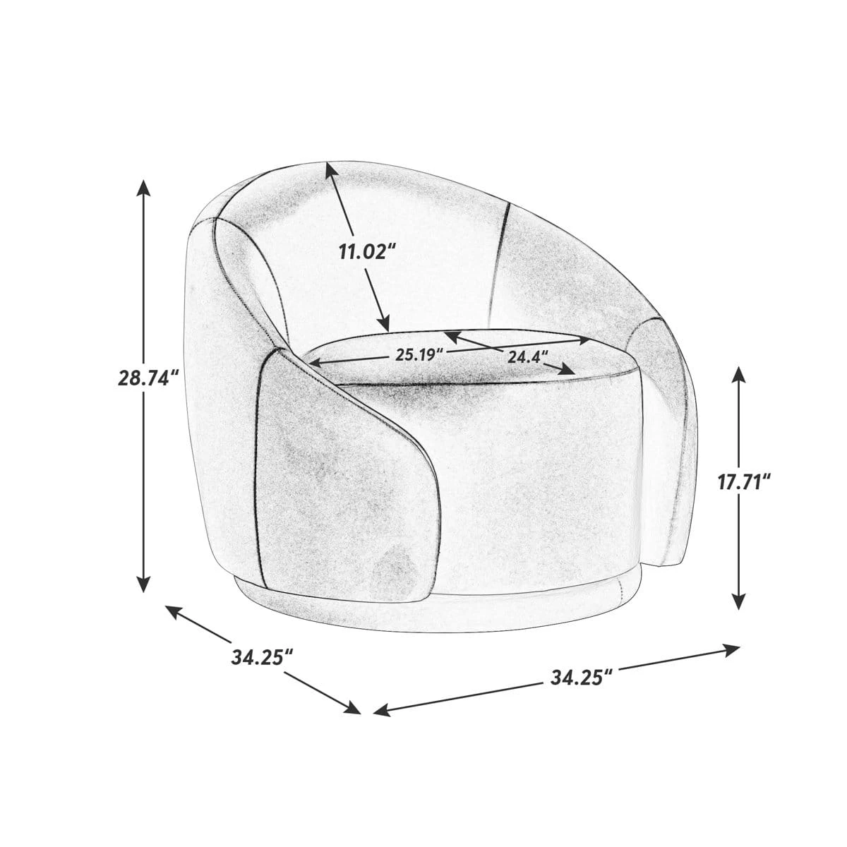 Measurement sketch of the chair showing seat depth, seat width, and arm height