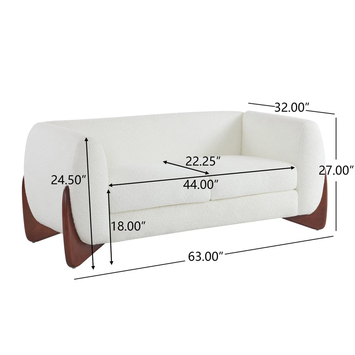 Angled loveseat view with printed size markings showing overall 63 x 32 x 27 inch dimensions