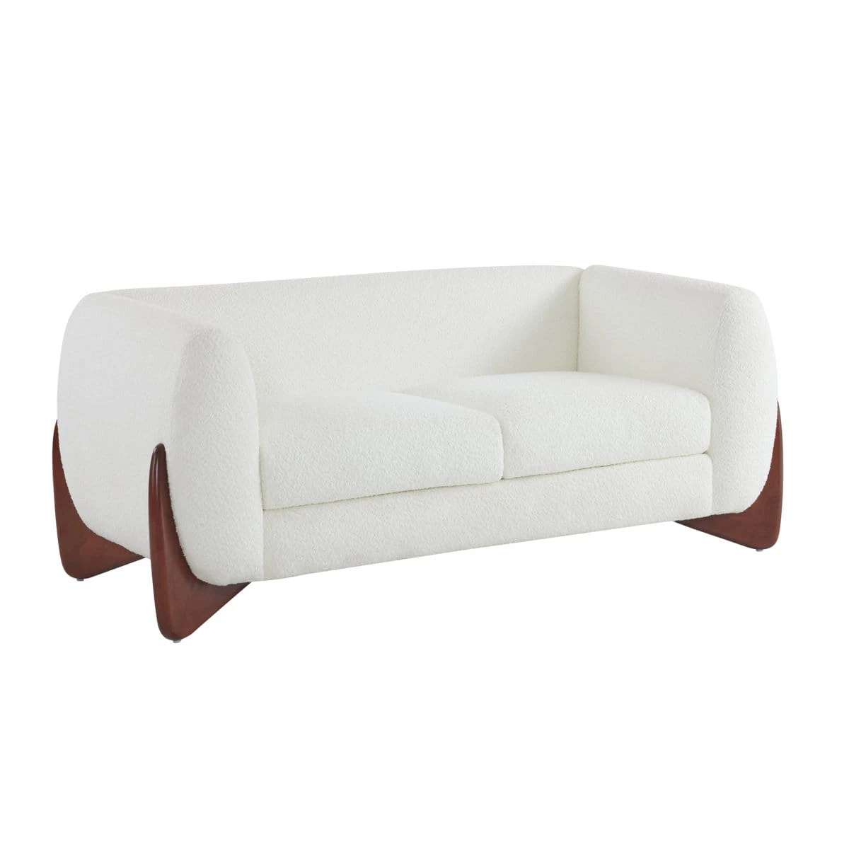 Three-quarter studio view highlighting the textured ivory upholstery and sculpted wooden base panels