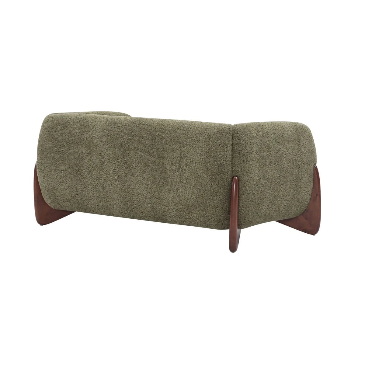 Rear angled view showing the fully upholstered back and sculpted wooden side legs