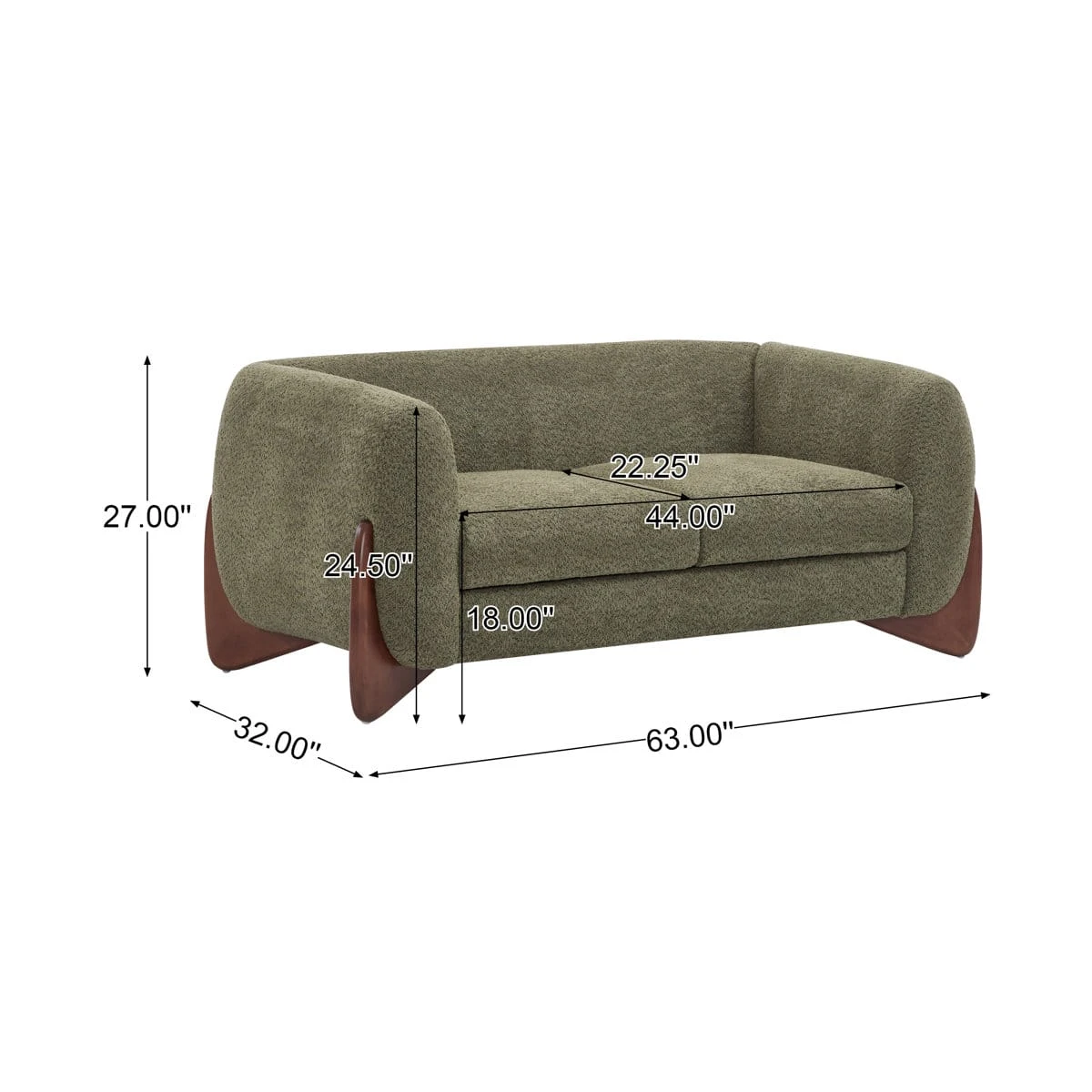 Dimension graphic of the loveseat showing 63 in width, 32 in depth and 27 in height