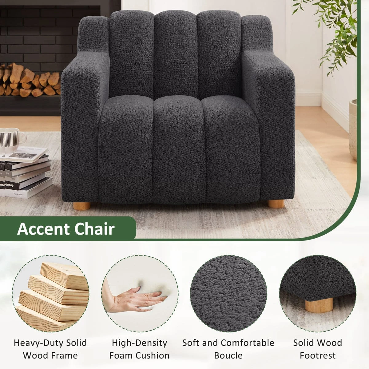 Front view with feature callouts for solid wood frame, foam cushion, boucle fabric and wooden feet