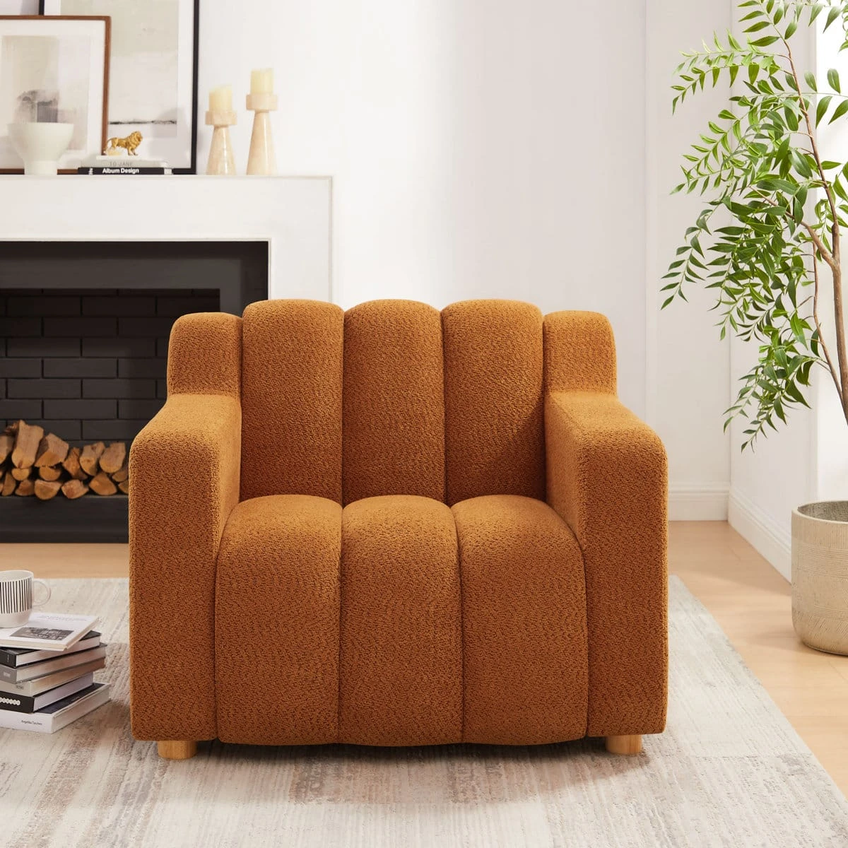 Orange 40 inch boucle fabric upholstered accent chair with channel back and wooden legs