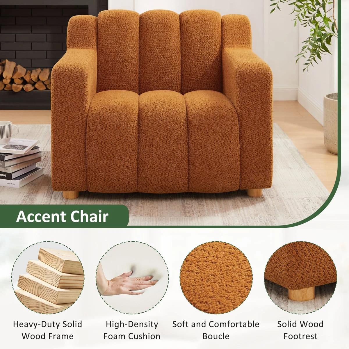 Orange 40 inch boucle fabric upholstered accent chair with channel back and wooden legs