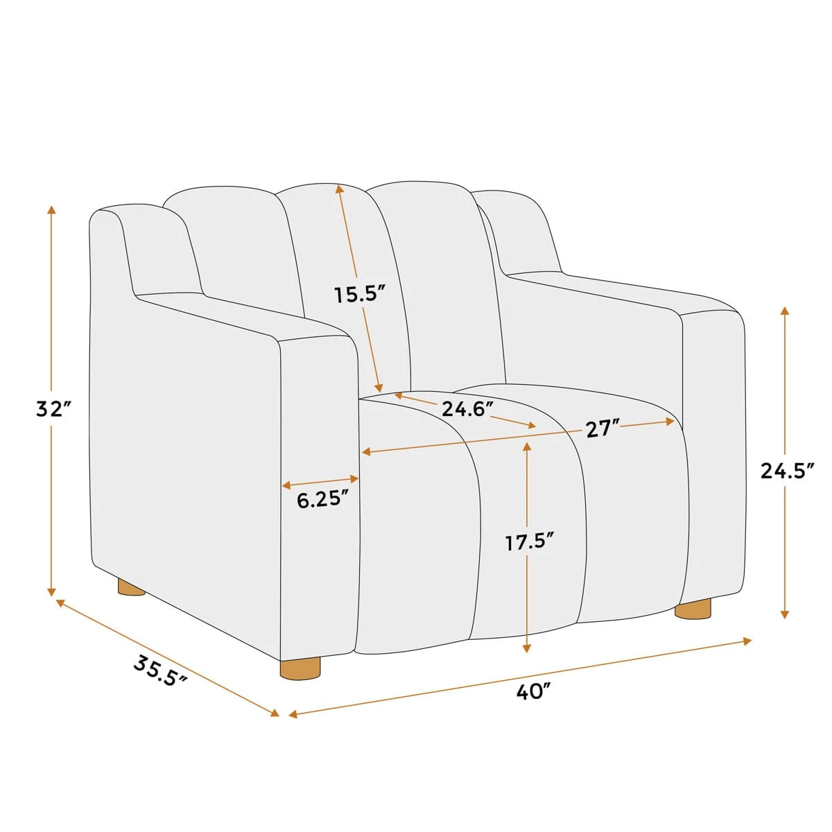 Orange 40 inch boucle fabric upholstered accent chair with channel back and wooden legs