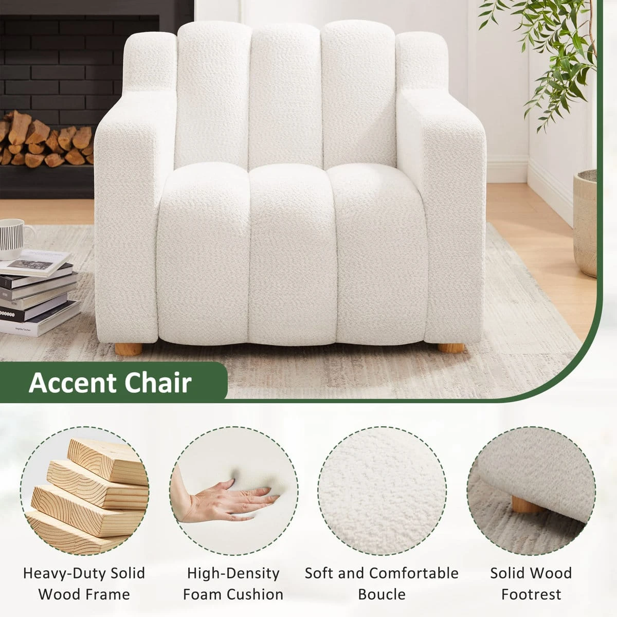 White 40 inch boucle fabric upholstered accent chair with channel back and wooden legs