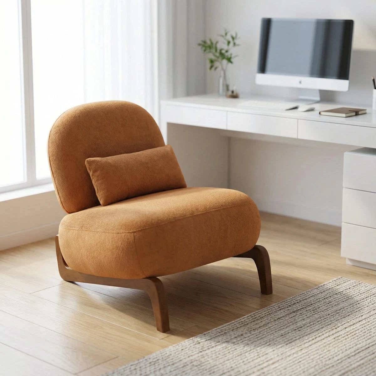 Caramel plush velvet armless accent chair with pillow and solid wood legs