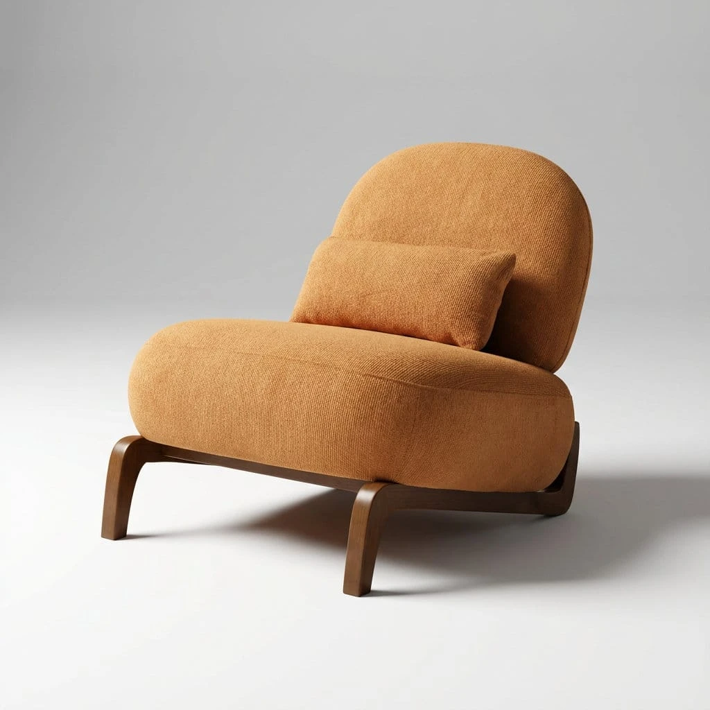 Caramel plush velvet armless accent chair with pillow and solid wood legs