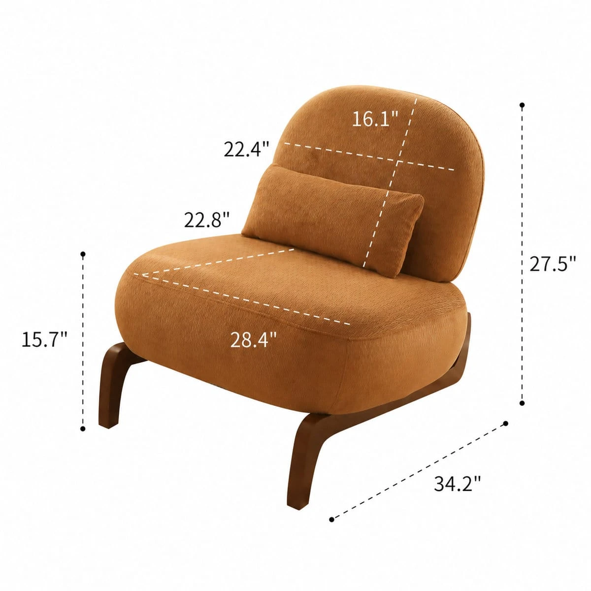 Caramel plush velvet armless accent chair with pillow and solid wood legs