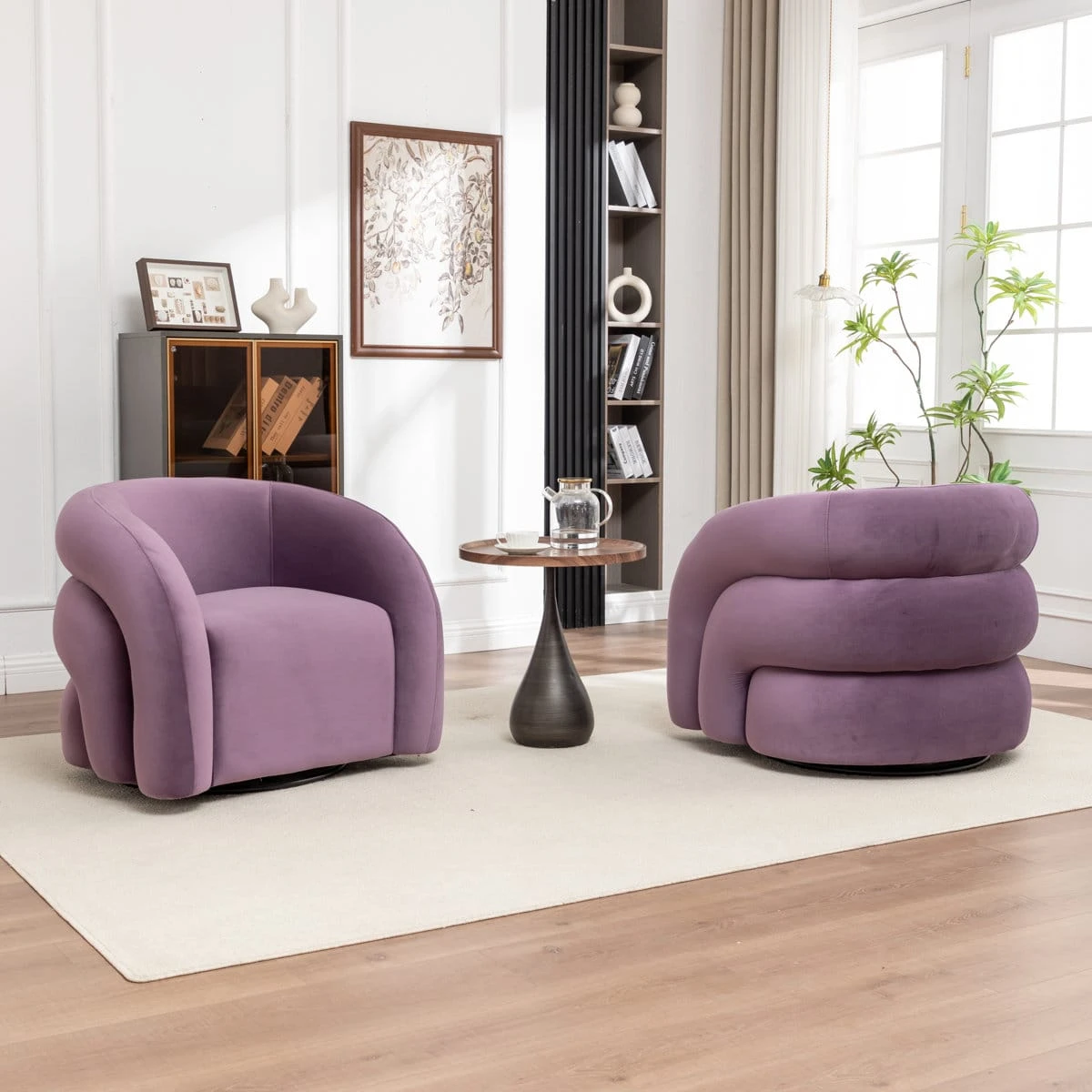Same chair shown from front and rear angle, highlighting the layered curved back in lavender upholstery