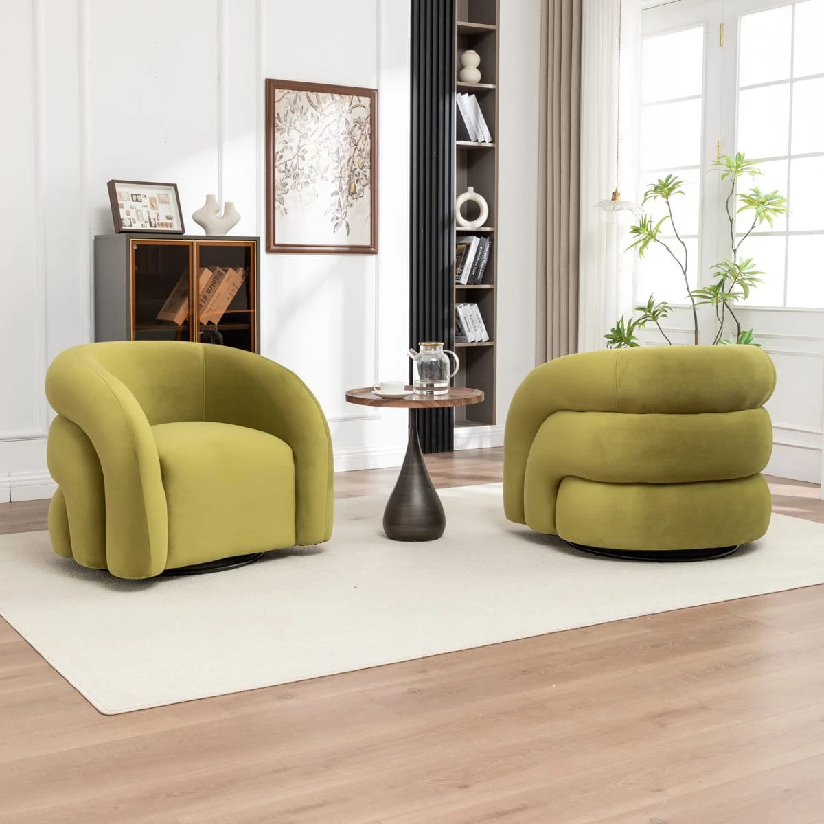 Rear and side view showing the chair's layered curved back and plush olive upholstery
